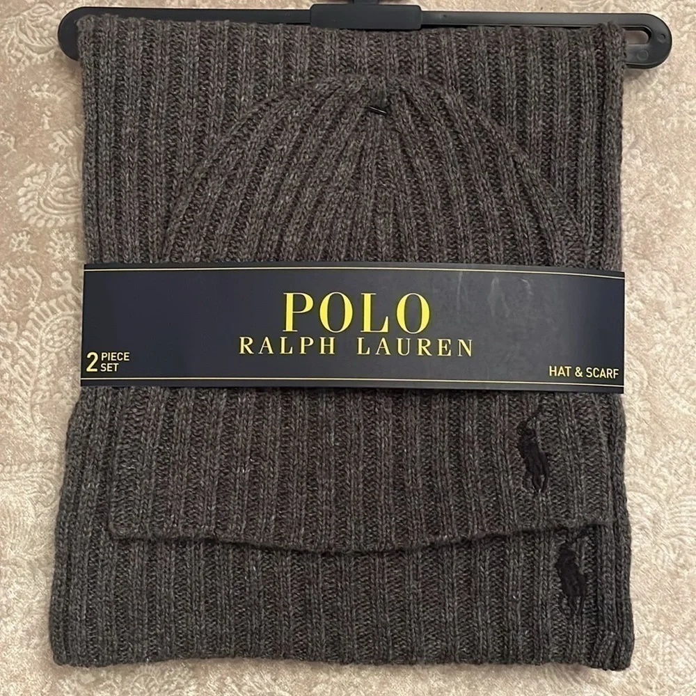 Brand New Polo Ralph Lauren 2-Piece Knit Beanie Hat & Scarf Set Gray Wool Pony